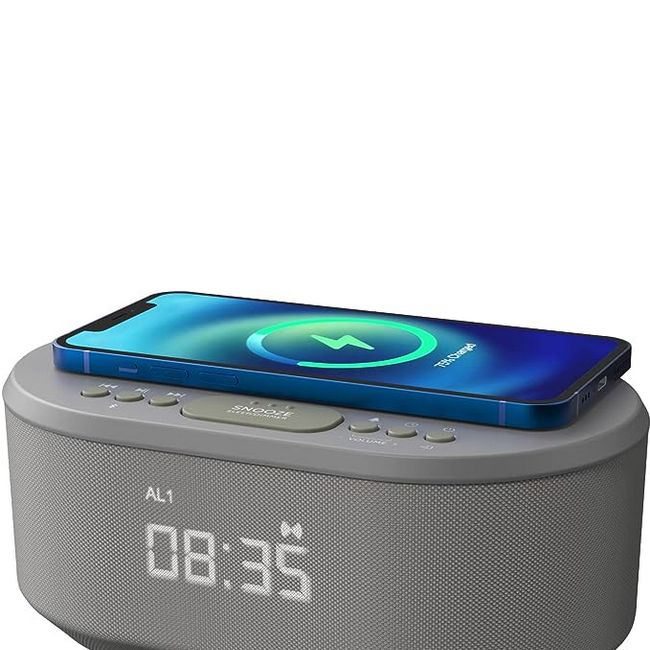 Radiowecker mit USB-Ladegerät, Bluetooth-Lautsprecher, Kabelloses Laden, mit dimmbares LED-Display