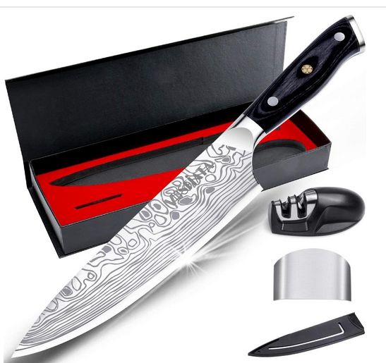 Profi Küchenmesser Ultra-Scharf 20CM  mit Fingerschutz und Messerschärfer in Geschenkbox